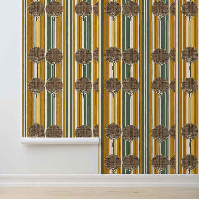 Retro Forest Stripes: moderne boom uit het midden  Behang (Applicatie)
