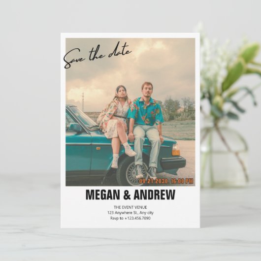  retro foto bruiloft save the date (Staand voorkant)