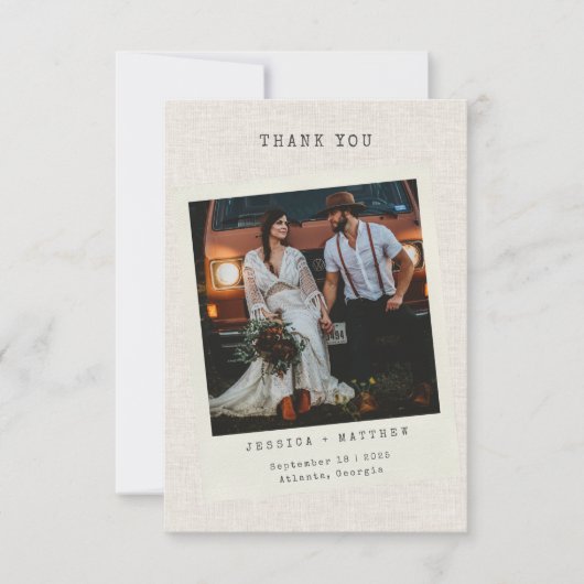 Retro Foto Faux Linen Custom Wedding Bedankkaart (Voorkant)