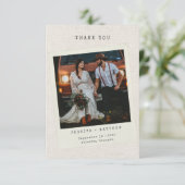 Retro Foto Faux Linen Custom Wedding Bedankkaart (Staand voorkant)
