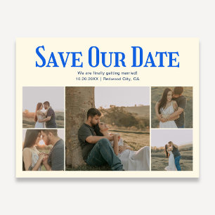 Retro foto geel blauw trouwen save the date aankondigingskaart