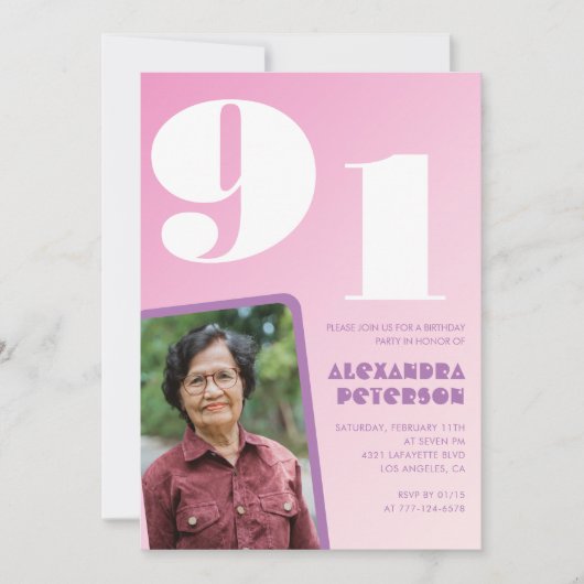 Retro Foto Roze 91ste verjaardag Kaart (Voorkant)
