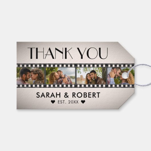 Retro fotocollage filmstrip dank u bruiloft cadeaulabel (Voorkant (Horizontaal))