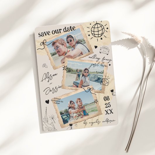 Retro Fotocollage Handgetekende Vintage Bruiloft Save The Date