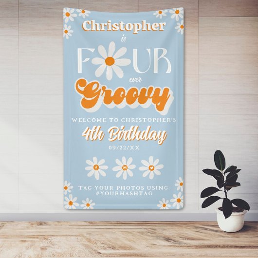 Retro Four Ever Groovy Boys 4e Verjaardag Welkom Spandoek