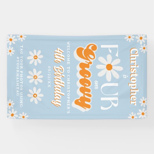 Retro Four Ever Groovy Boys 4e Verjaardag Welkom Spandoek (Horizontaal)