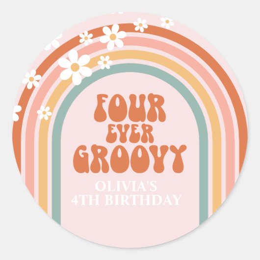 Retro Four Ever Groovy daisy rainbow 4de verjaarda Ronde Sticker (Voorkant)