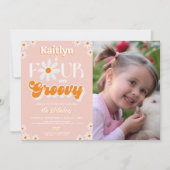 Retro Four Ever Groovy Meisjes 4e Verjaardag Foto Kaart (Voorkant)