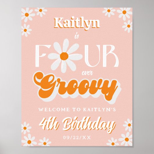 Retro Four Ever Groovy Meisjes 4e Verjaardag Welko Poster (Voorkant)