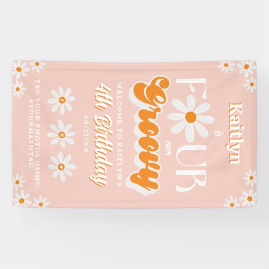 Retro Four Ever Groovy Meisjes 4e Verjaardag Welko Spandoek (Horizontaal)