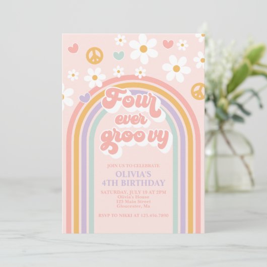 Retro Four Ever Groovy Rainbow 4e verjaardag Kaart (Staand voorkant)