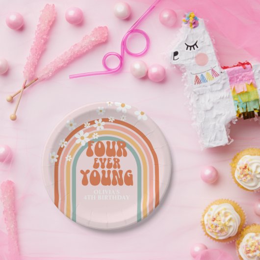 Retro Four Ever Jonge madeliefje 4e verjaardag Papieren Bordje (Feest)