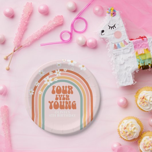 Retro Four Ever Jonge madeliefje 4e verjaardag Papieren Bordje (Feest)