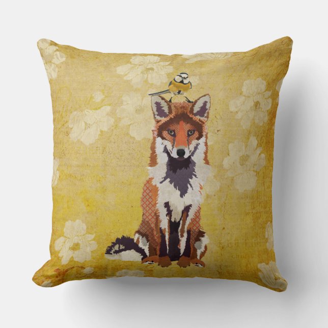 Retro Fox en Little Bird Pillow Kussen (Voorkant)