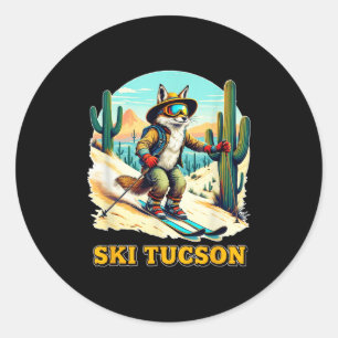 Retro Fox Skiën in Tucson Desert Adventure Ski Art Ronde Sticker