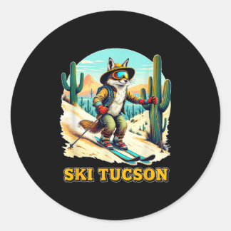 Retro Fox Skiën in Tucson Desert Adventure Ski Art Ronde Sticker