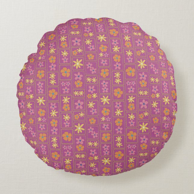 Retro Framboos Patchwork Bloem 40,6 cm Rond Kussen (Voorkant)