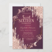 Retro Frame Roze Goud Glitter Drips Burgundy Kaart (Voorkant)