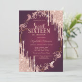 Retro Frame Roze Goud Glitter Drips Burgundy Kaart (Staand voorkant)