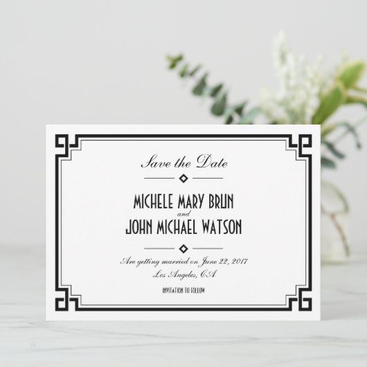 Retro Frame Witte Art Deco Bewaar de Datum Kaart (Staand voorkant)