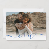 Retro frans blauw Elegant 4 Foto's script bruiloft Kaart (Achterkant)