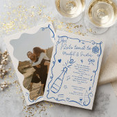 Retro Franse blauw geïllustreerde foto Verloving Kaart