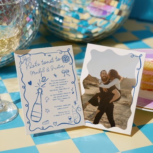 Retro Franse blauw geïllustreerde foto Verloving Kaart