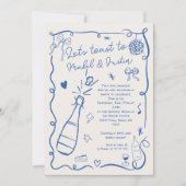 Retro Franse blauw geïllustreerde foto Verloving Kaart (Voorkant)