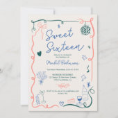 Retro Franse hand getekend geïllustreerd Sweet 16 Kaart (Voorkant)