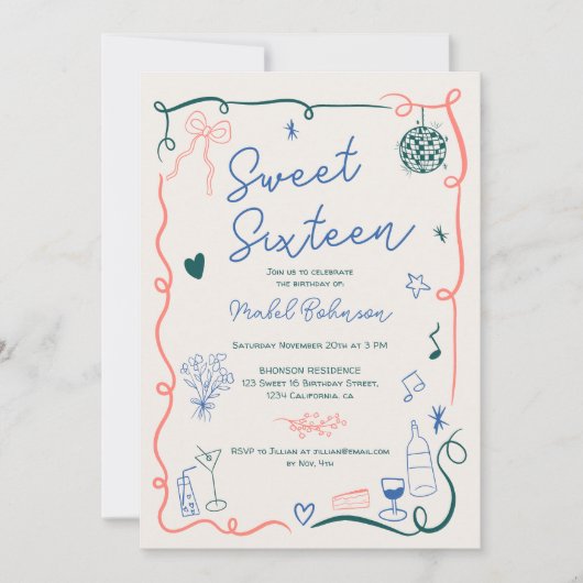 Retro Franse hand getekend geïllustreerd Sweet 16 Kaart (Voorkant)