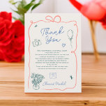 Retro franse hand getekend geïllustreerd vrijgezel bedankkaart<br><div class="desc">Druk uw dankbaarheid uit met onze Retro French Blue, groen roze en beige Vrijgezellenfeest Thank You Card! Dit charmante ontwerp beschikt over een heerlijke reeks -geïnspireerde elementen, waaronder ballonnen, camera's, harten en een prachtig boeket bloemen in een vaas. Omlijst door een grillig kronkelend golvend lint, voegt elk detail warmte en...</div>