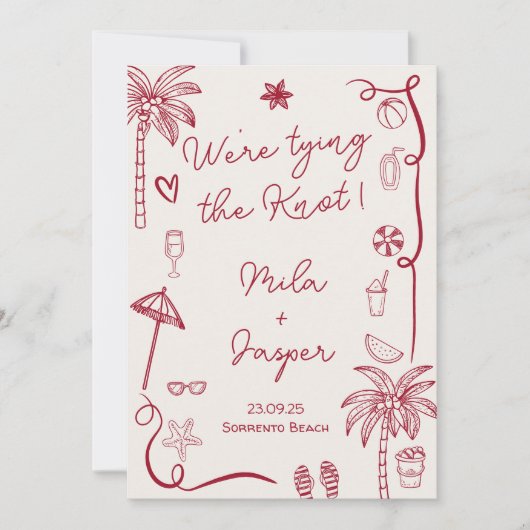 Retro Franse strand kust illustratie bruiloft Kaart (Voorkant)