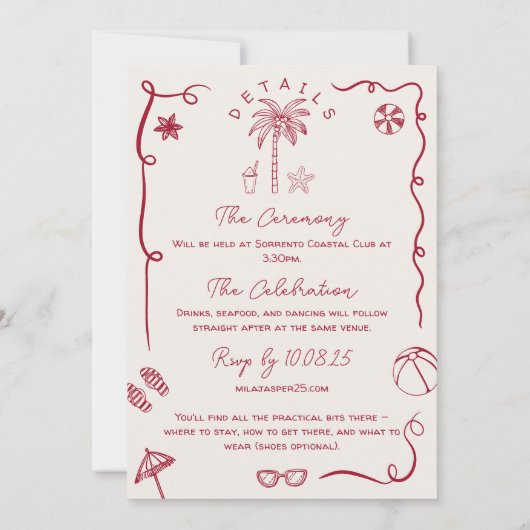 Retro Franse strand kust illustratie bruiloft Kaart (Achterkant)