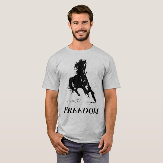 Retro Freedom Black Grey Pop Art met paarden T-shirt (Voorkant volledig)