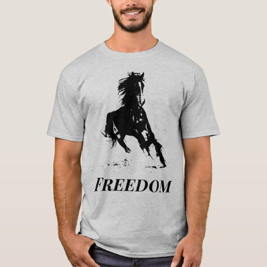 Retro Freedom Black Grey Pop Art met paarden T-shirt (Voorkant)