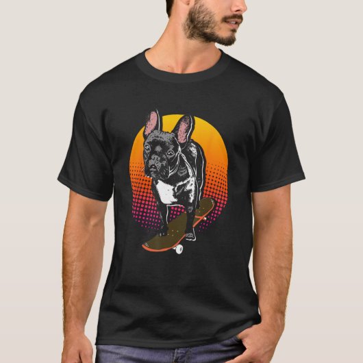 Retro French Bulldog Skateboarder Frenchie Owner T-shirt (Voorkant)