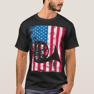 Retro French Horn  US Flag Music Artwork Ju T-shirt