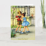 Retro French Mother Birthday Greeting Card Kaart<br><div class="desc">Vintage / Retro French Birthday greeting card. Mooi little boy and girl with their little bird.  Succes,  mam.  French Birthday Card for mom.</div>