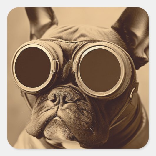 Retro Frenchie Sepia Vierkante Sticker (Voorkant)