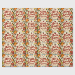 Retro Fruit Verjaardag, Kleurrijke Bloemengroet Cadeaupapier