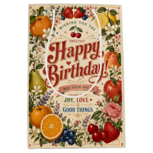 Retro Fruit Verjaardag, Kleurrijke Bloemengroet Medium Cadeauzakje