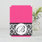 Retro Fuchsia Pink & Black Damask Wedding Kaart (Staand voorkant)