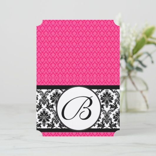 Retro Fuchsia Pink & Black Damask Wedding Kaart (Staand voorkant)