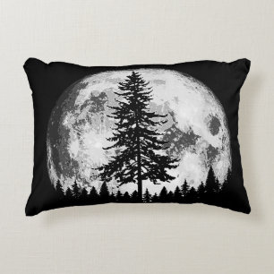 Retro Full Moon & Minimalist Pine Tree Gra Accent Kussen