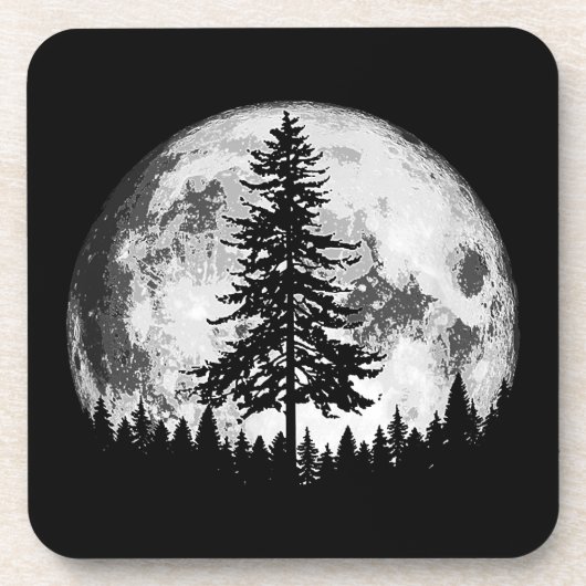 Retro Full Moon & Minimalist Pine Tree Gra Bier Onderzetter (Voorkant)