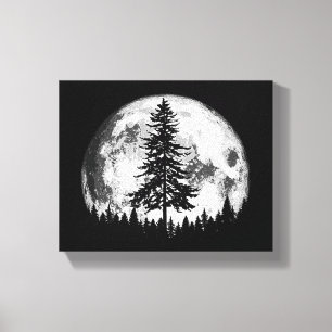 Retro Full Moon & Minimalist Pine Tree  Gra Canvas Afdruk