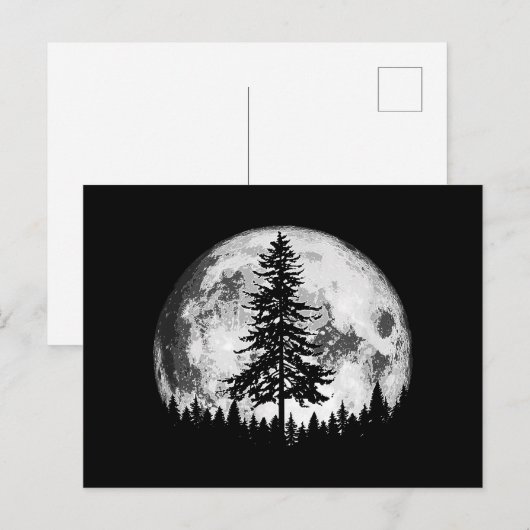 Retro Full Moon & Minimalist Pine Tree  Gra Feestdagenkaart (Voorkant / Achterkant)