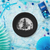 Retro Full Moon & Minimalist Pine Tree Gra Papieren Bordje (Feest)