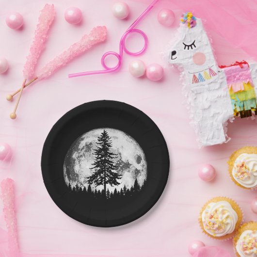Retro Full Moon & Minimalist Pine Tree Gra Papieren Bordje (Feest)