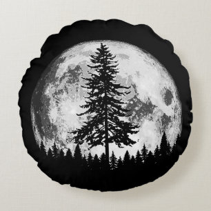 Retro Full Moon & Minimalist Pine Tree Gra Rond Kussen